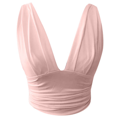 Sleeveless Ruched Plunge V-Neck Crop Top for Women - Solid Slim Fit Summer Blouse
