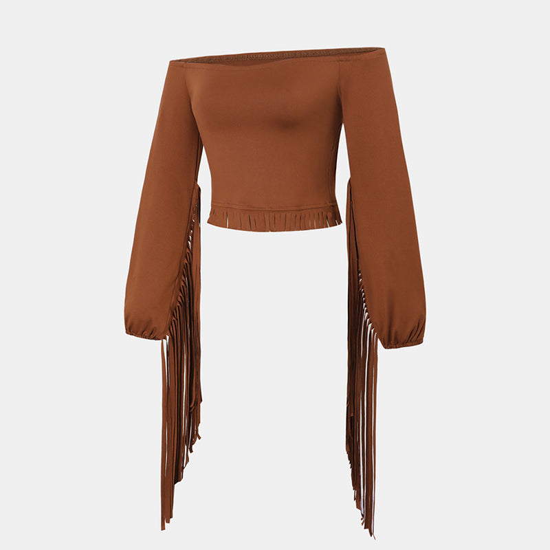 Women's Solid Color Off-Shoulder Western Fringe Blouse with Long Sleeves