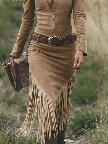 Vintage Western-Inspired Midi Dress with Zipper and Tassel Detail