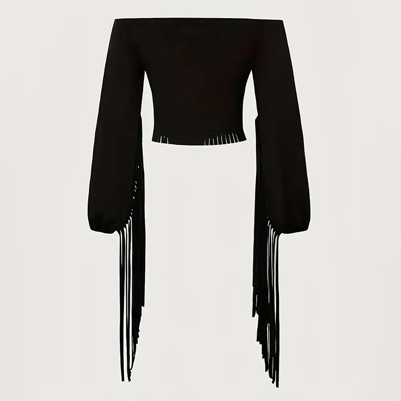 Women's Solid Color Off-Shoulder Western Fringe Blouse with Long Sleeves