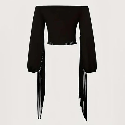 Women's Solid Color Off-Shoulder Western Fringe Blouse with Long Sleeves