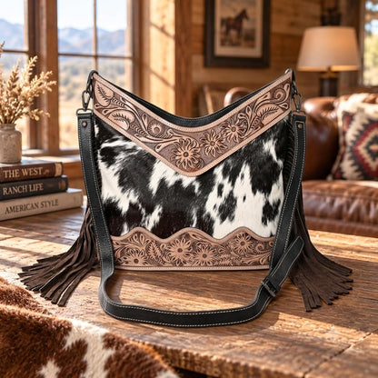 Handmade Cowhide Leather Crossbody Bag for Women - Adjustable Strap Western Shoulder Purse, 12x14 Inches