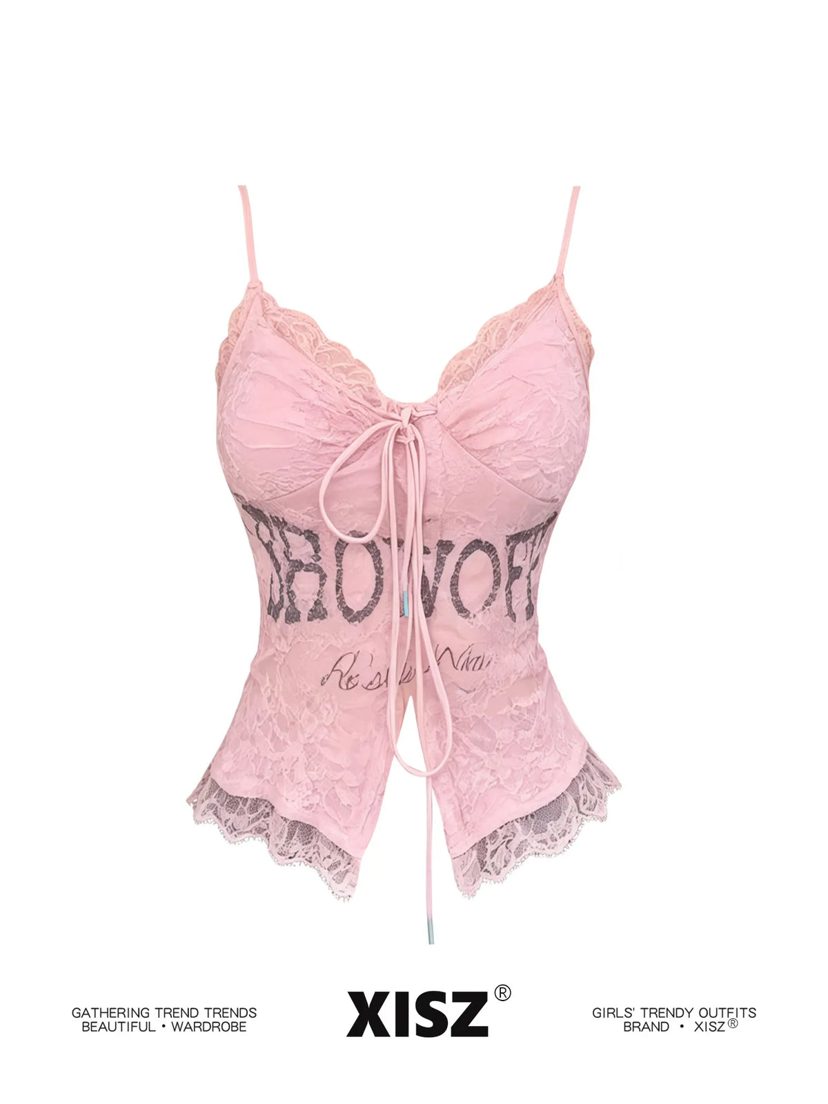 Women's Pink Lace Letter Print Cami Top – V-Neck Lace-Up Slim Fit