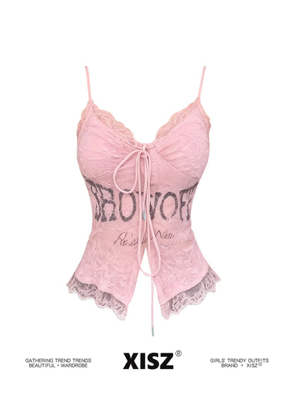 Women's Pink Lace Letter Print Cami Top – V-Neck Lace-Up Slim Fit