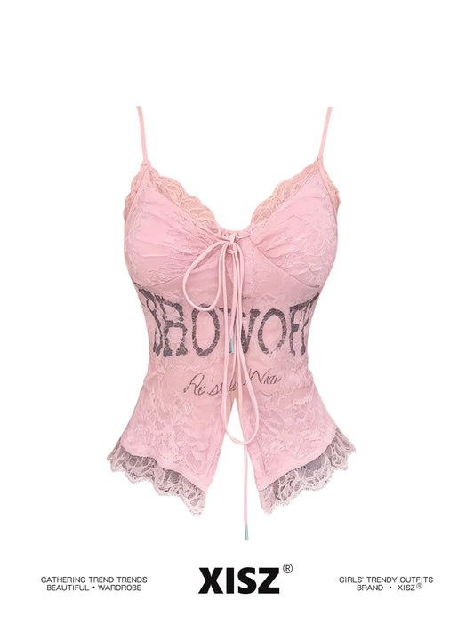 Women's Pink Lace Letter Print Cami Top – V-Neck Lace-Up Slim Fit