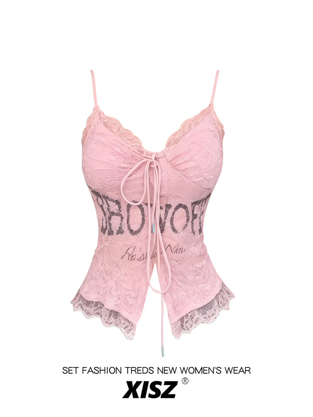 Women's Pink Lace Letter Print Cami Top – V-Neck Lace-Up Slim Fit