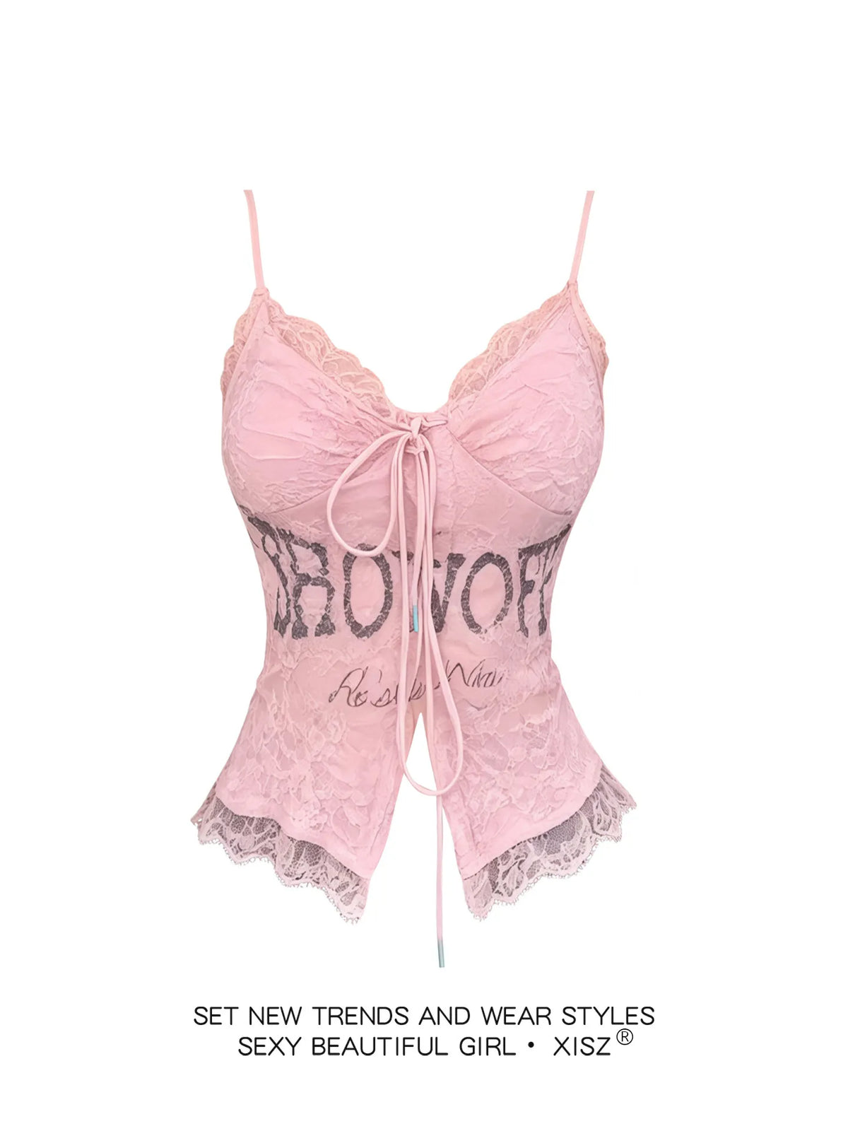 Women's Pink Lace Letter Print Cami Top – V-Neck Lace-Up Slim Fit