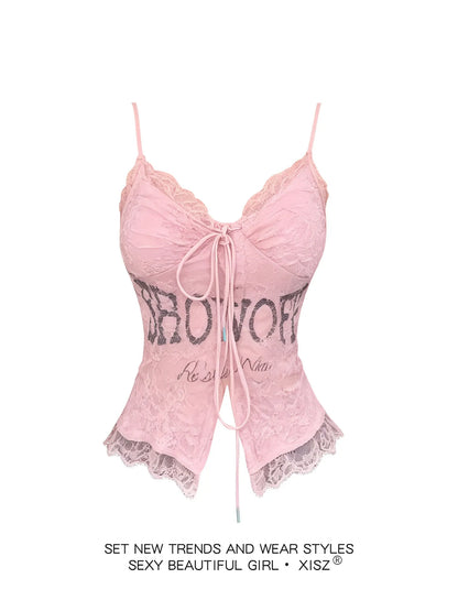 Women's Pink Lace Letter Print Cami Top – V-Neck Lace-Up Slim Fit