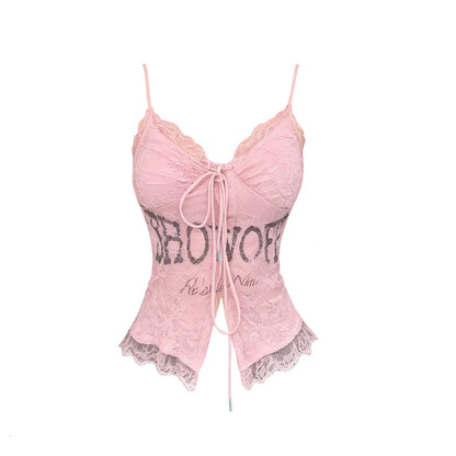 Women's Pink Lace Letter Print Cami Top – V-Neck Lace-Up Slim Fit